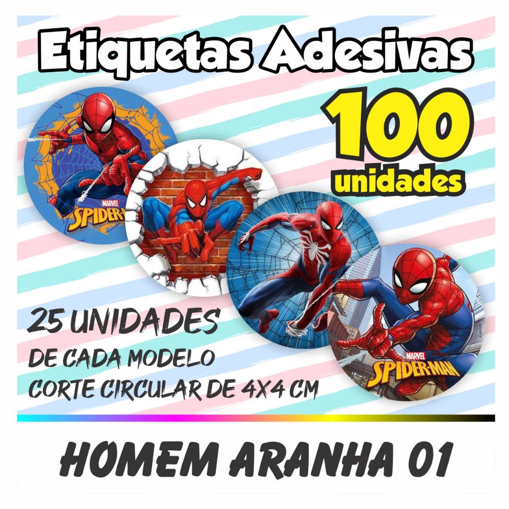 Kit De 100 Etiquetas Adesivas Homem Aranha, Spider Man (TIPO 01) em Oferta na Shopee