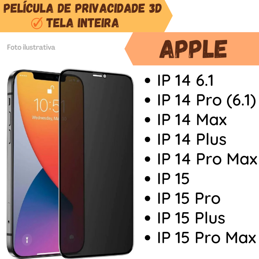 Película de Vidro de Privacidade para Apple IPHONE 14/ 14 Pro/ 14 Max/ 14 Plus/ 14 Pro Max/ 15/ 15 Pro/ 15 Plus/ 15 Pro Max/ Película Protetor de Tela.