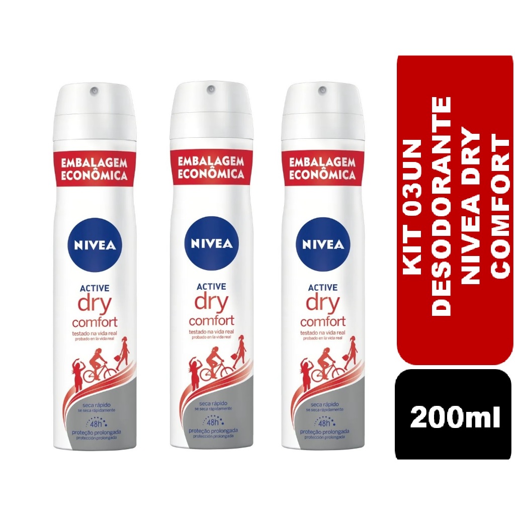 Kit 03un Desodorante Aerosol Nivea Dry Comfort 200ml (Tamanho Econômico) em Oferta na Shopee