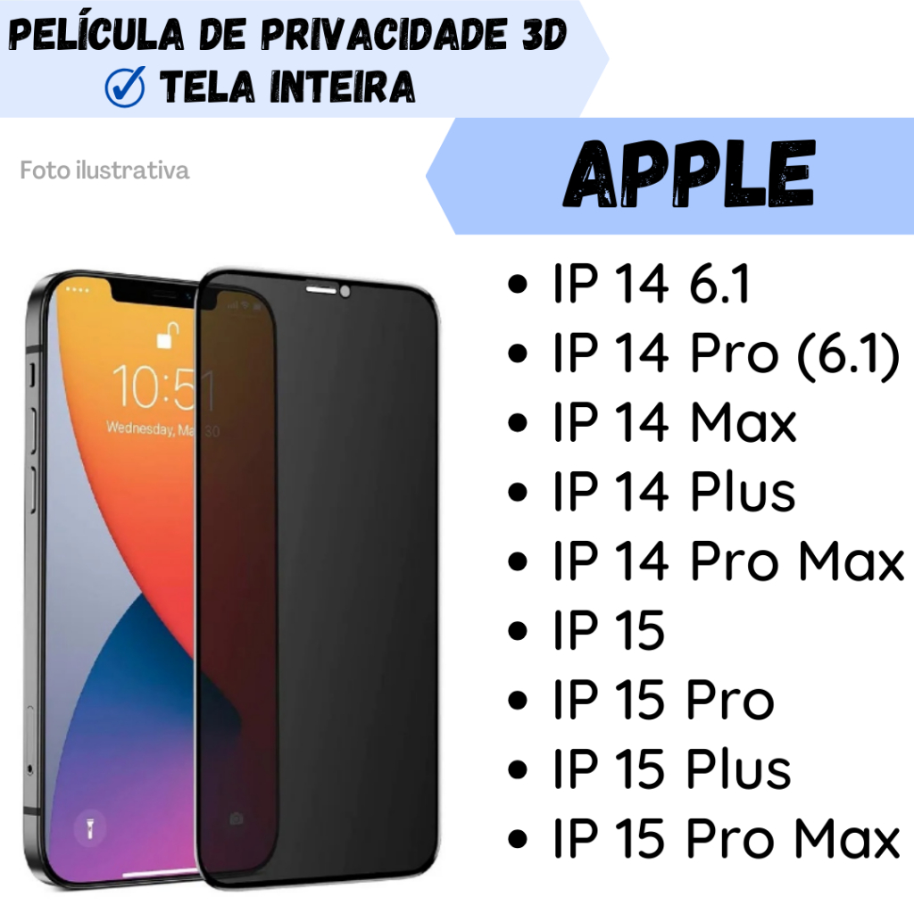 Película de Vidro de Privacidade para Apple IPHONE 14/ 14 Pro/ 14 Max/ 14 Plus/ 14 Pro Max/ 15/ 15 Pro/ 15 Plus/ 15 Pro Max/ Película 3D Protetor de Tela.