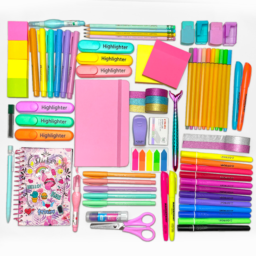 Kit Papelaria 70 Itens com Caderneta Caneta Pastel Marca Texto Material Escolar  volta às aulas Presente Natal KTPPC-7 em Oferta na Shopee