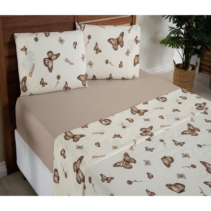 Jogo de Cama Lençol 4 pçs Borboleta Queen 100% Algodão em Oferta na Shopee