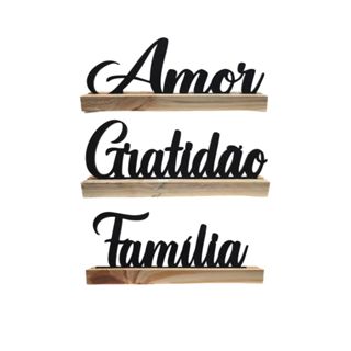 Trio Palavras Com Base Mesa Decoração Casa Estante Rack Familia Amor Gratidão