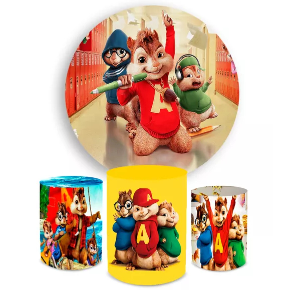 Kit Festa Painel Redondo Sublimado + Trio Capa Cilindro Alvn E$quilos Decoração Animado