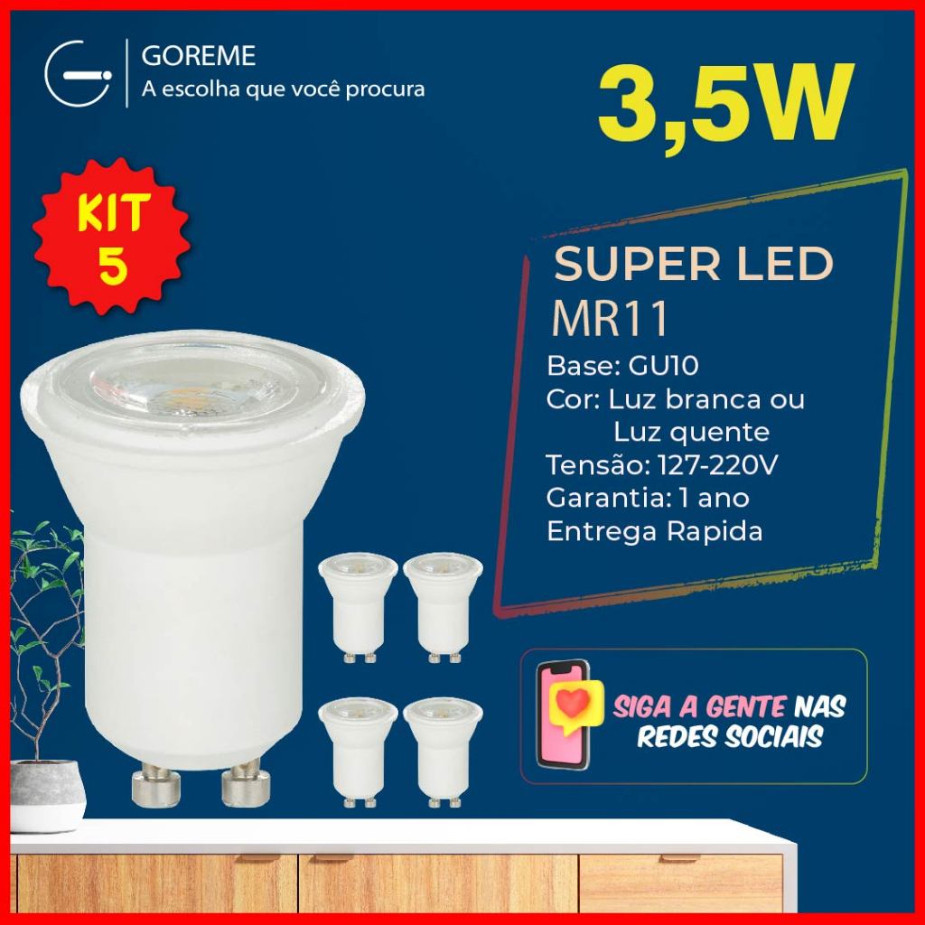 Kit 5 Lâmpada Led Mini Dicroica Gu10 Mr11 3,5w Bivolt Luz Branca/Amarela em Oferta na Shopee