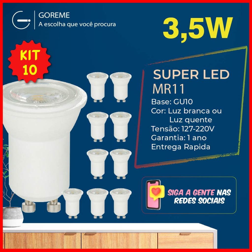 Kit 10 Lâmpada Led Mini Dicroica Gu10 Mr11 3,5w Bivolt Luz Branca/Amarela