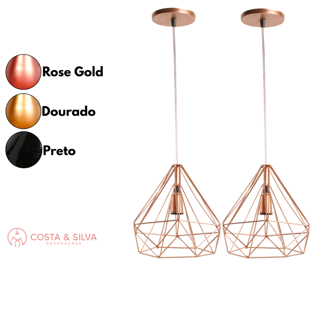 2 Pendente Lustre de Teto Luminária Diamante Aramado 3d Grande Estilo Industrial Cabo Cristal