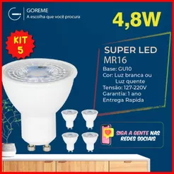 Kit 5 Lâmpada Led Dicroica Gu10 Mr16 4,8w Bivolt Luz Branca/Amarela