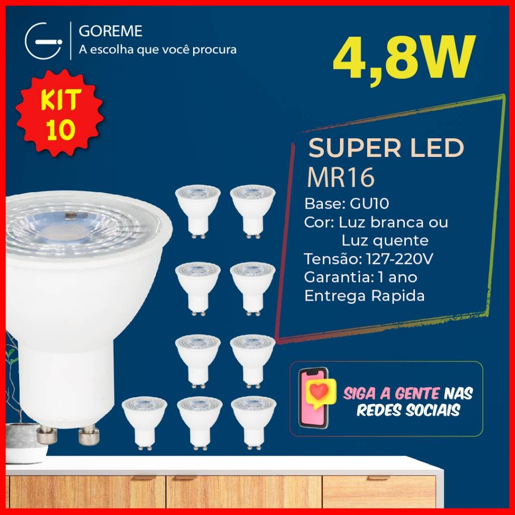 Kit 10 Lâmpada Led Dicroica Gu10 Mr16 4,8w Bivolt Luz Branca/Amarela em Oferta na Shopee