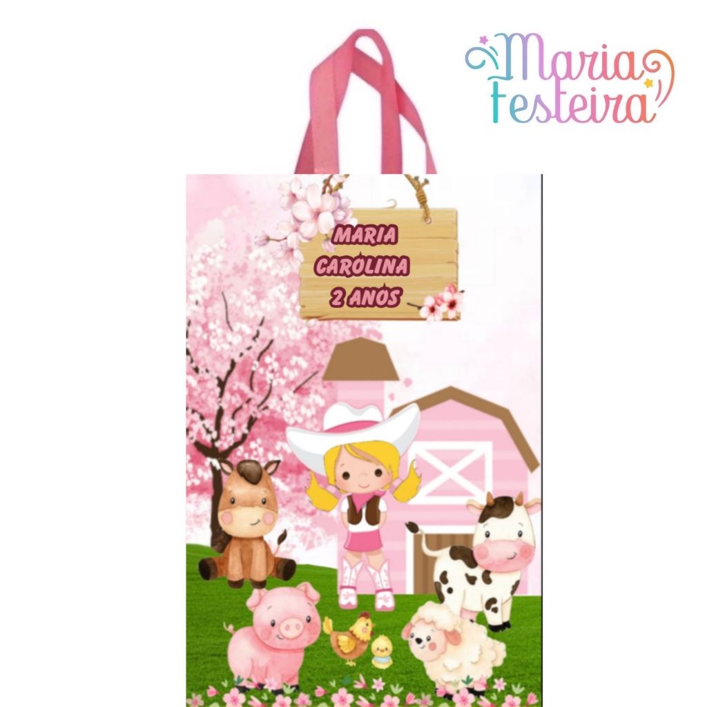 15 Sacolinhas Personalizadas Tema Fazendinha Rosa Tamanho 16x4x10