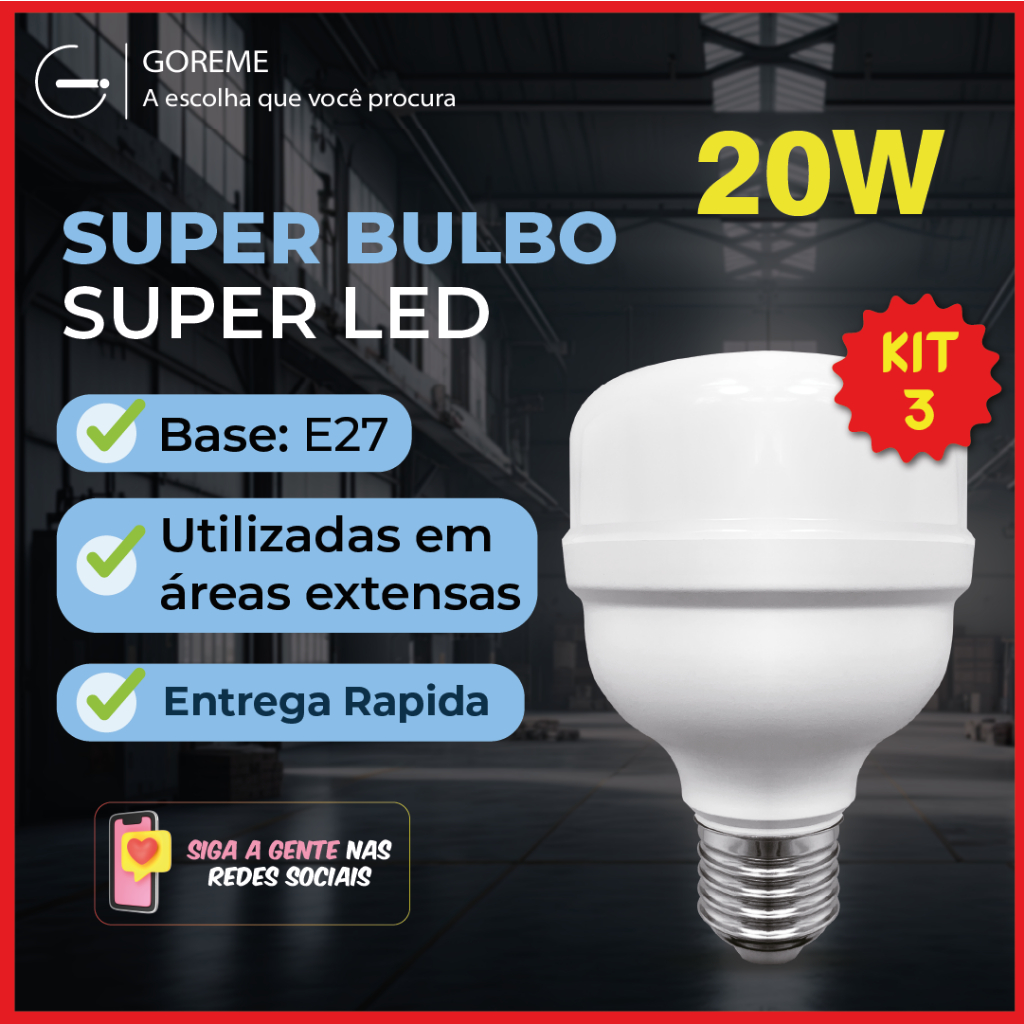 Kit 3 Super Bulbo Lâmpada Led 20w E27 Alta Potência Luz Branca 6500k Bivolt 110-220V - Home & Living
