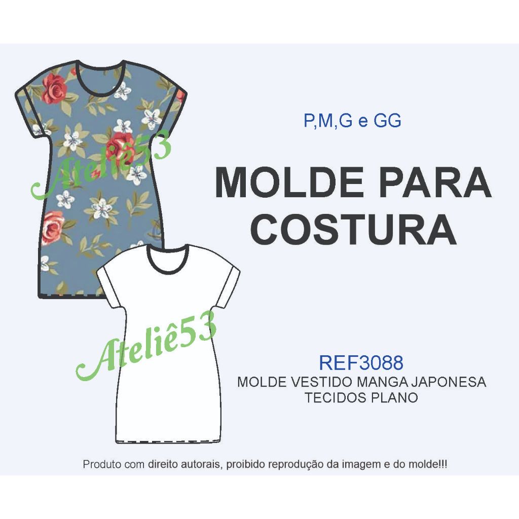 ref3088 MOLDE VESTIDO MANGA JAPONESA  para TECIDOS PLANO em Oferta na Shopee