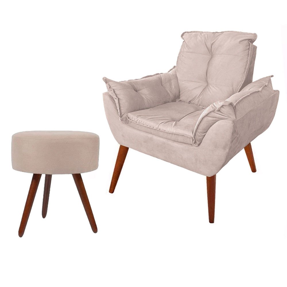 Cadeira Decorativa Opalla Cor Bege Confortável + Puff Bege Areia Amamentação
