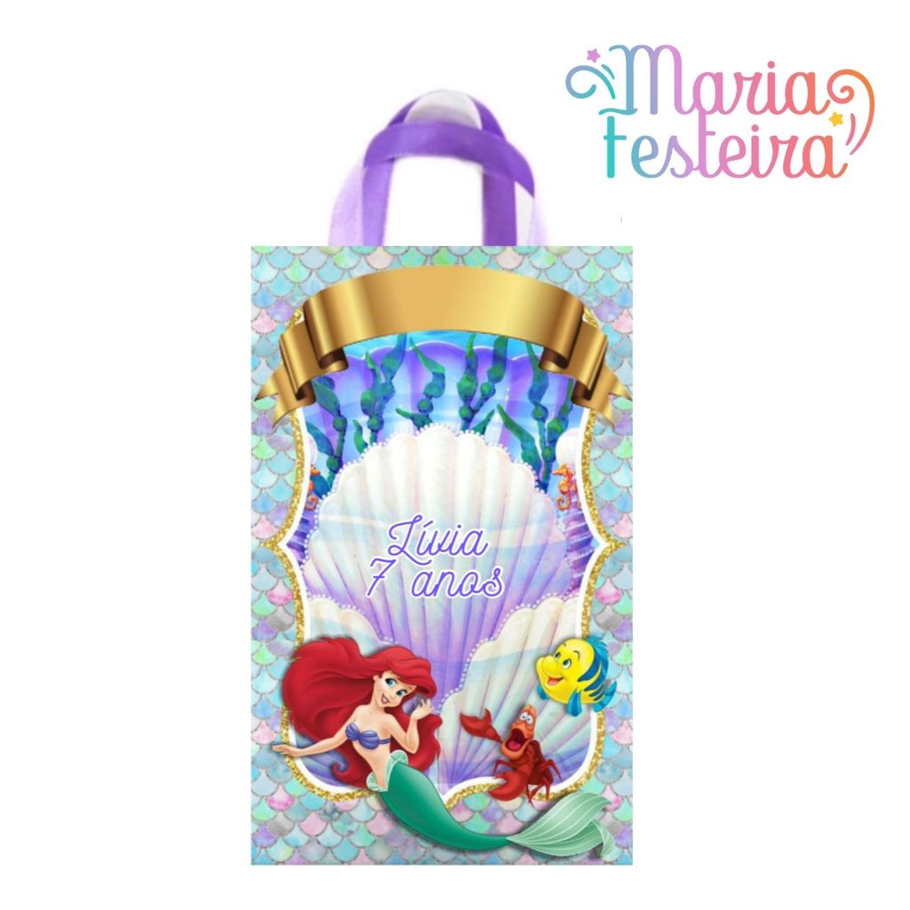 15 Sacolinhas Personalizadas Tema Ariel Tamanho 16x4x10
