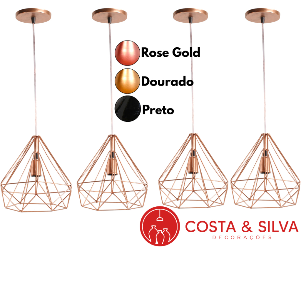 4 Pendente Lustre de Teto Luminária Diamante Aramado 3d Grande Estilo Industrial Cabo Cristal