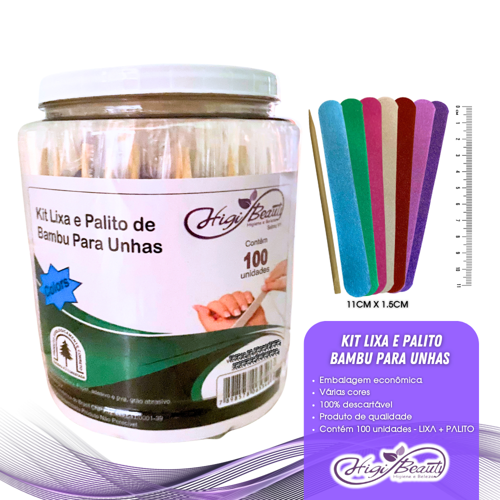 Kit Lixa Colors E Palito de Bambu Para Unha - 100 Unidades - Lixa Colorida