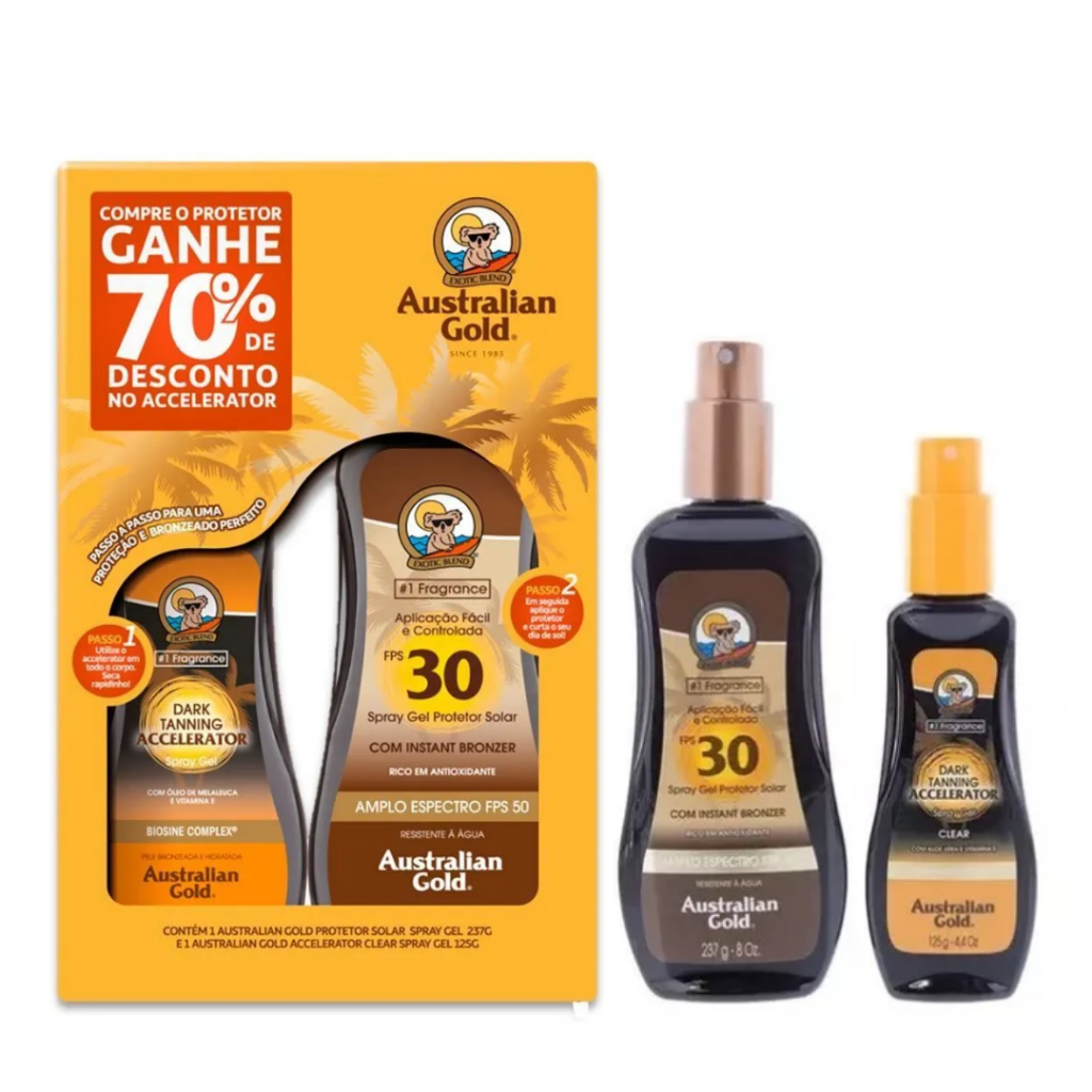 Kit Australian Gold Protetor Solar FPS 30 237ml +Acelerador Bronzeador Verão 125ml