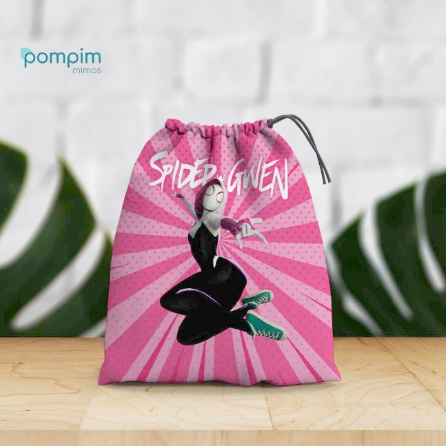 Kit Lembrancinha Sacolinha Surpresa Spider Gwen de tecido personalizado, para festas e aniversários.