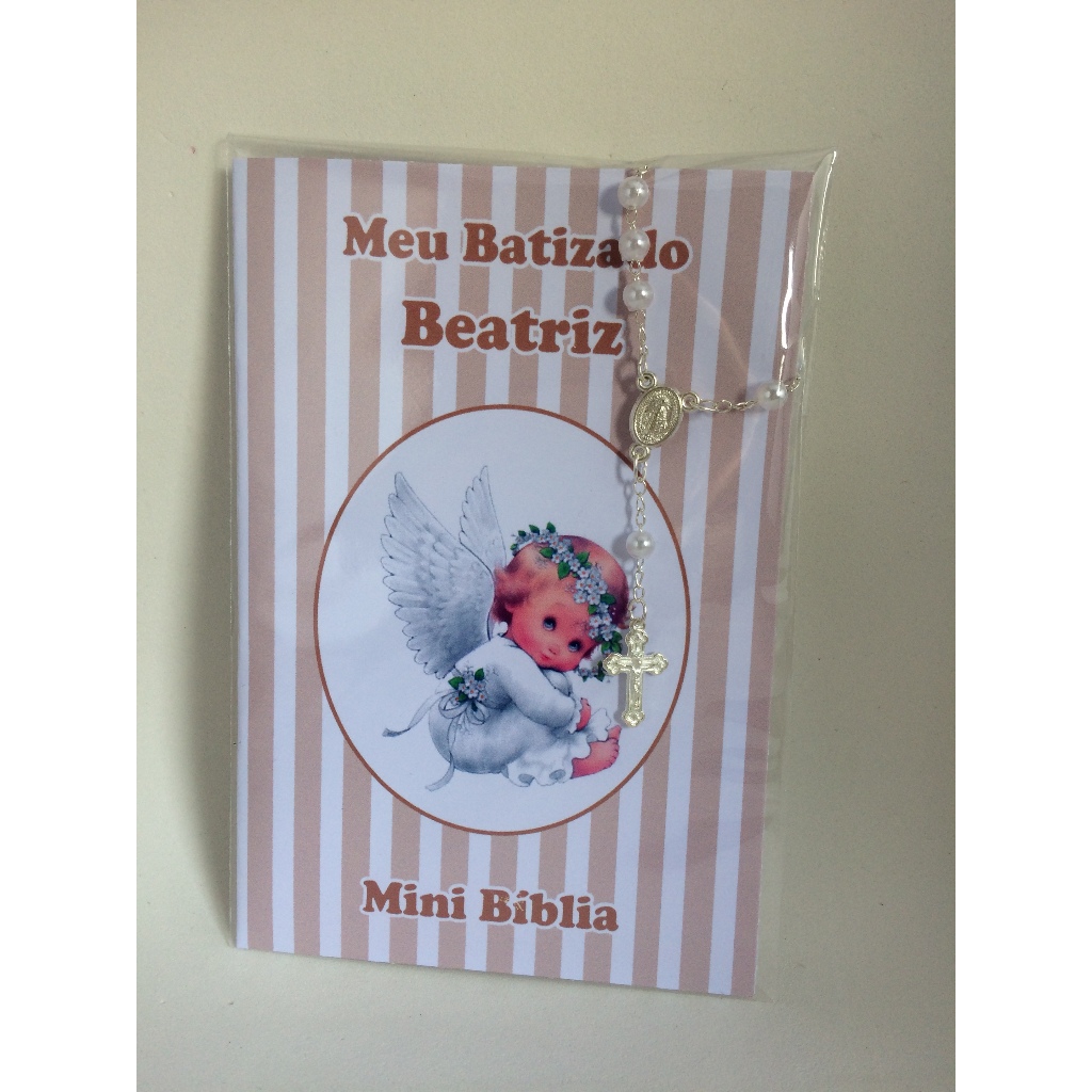 10 Lembracinhas Mini Bíblia com Mini Terço Batizado Menina