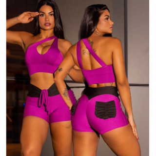 Conjunto fitness academia short empina bumbum com bolsinho e top com bojo
