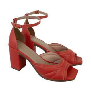 Sandália Sandalia Feminina Feminino Salto Grosso Médio Alto Bloco peep toe aberta de amarrar fechada atras vermelho coral terra caramelo - Ref. 2303
