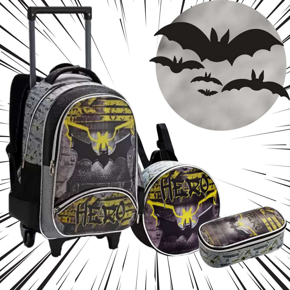 Mochila Batman Infantil Menino De Rodinha Hero Escolar Reforçado Kit Com Lancheira Térmica e Estojo