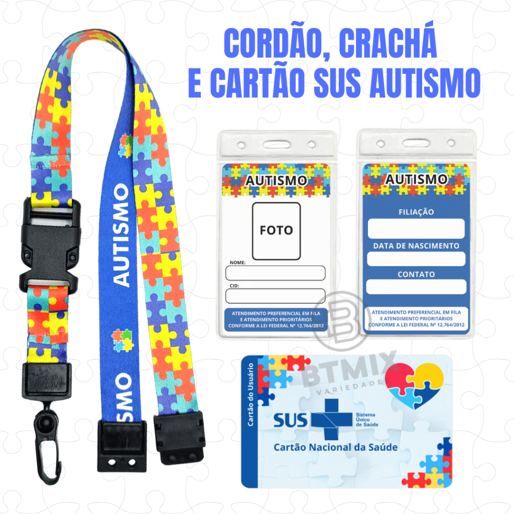 Cordão com Trava de Segurança Crachá de Identificação e Cartão SUS Autismo Autista Personalizado