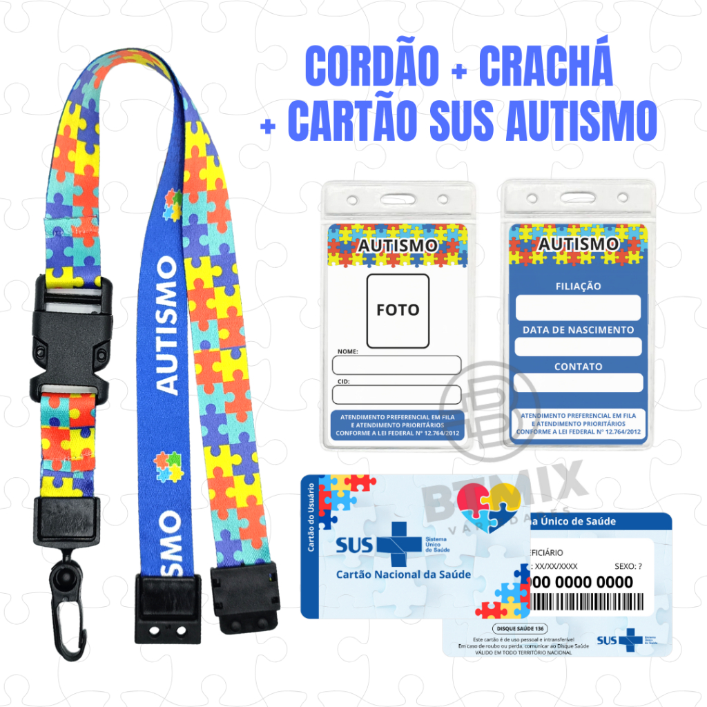 Cordão com Trava de Segurança Crachá de Identificação e Cartão SUS Autismo Autista Personalizado — imagem 2 de 2