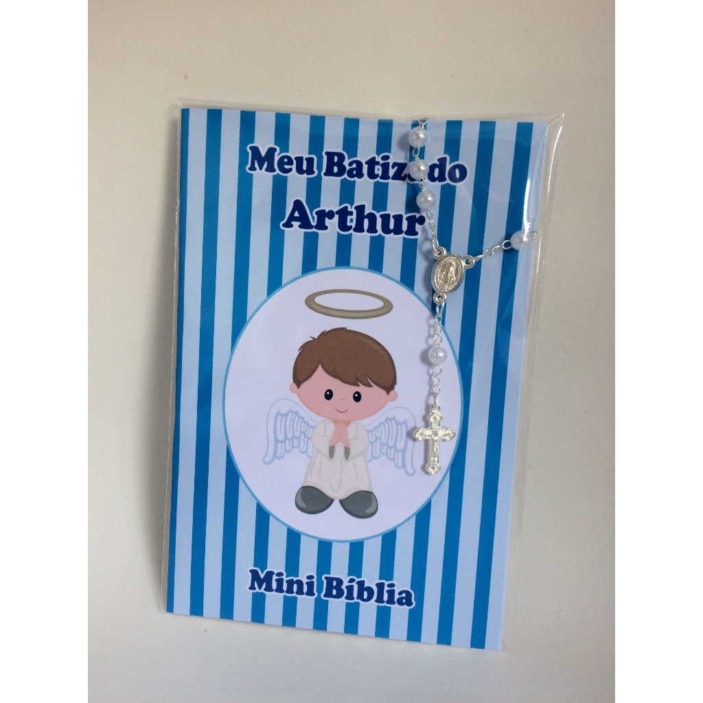 Lembrancinha Mini Bíblia com Mini Terço Batizado Menino Kit com 10 unidades