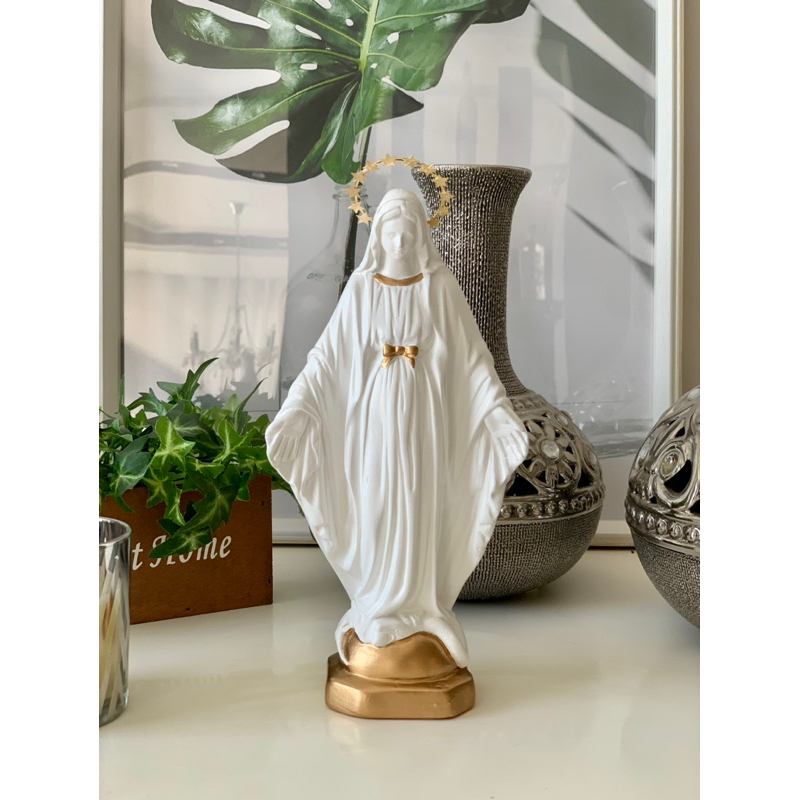 nossa senhora das graças 23cm imagem branca dourado auréola resplendor dourada em Oferta na Shopee