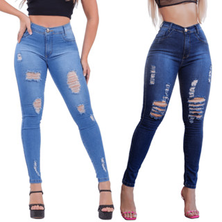 Calça Jeans Feminina Skinny Destroy Rasgada Cintura Alta Hot Pants Skinny Com Lycra