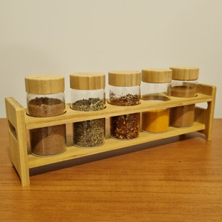 Kit 5 Potes De Vidro Porta Tempero Condimentos 120ml Com Suporte E Tampa Em Bambu