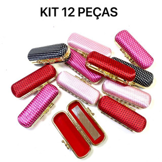 KIT 12 PEÇAS Porta Batom Com Espelho De Bolsa Portátil Estampa Bolinha