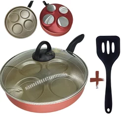 Frigideira 26 cm Divisória 4 Ovos Hambúrguer Com Tampa de Vidro com Espátula Antiaderente Cor Cereja Gold Cobre Champanhe 4 em 1 Grossa Resistente Ovo Bacon Menos Óleo Teflon
