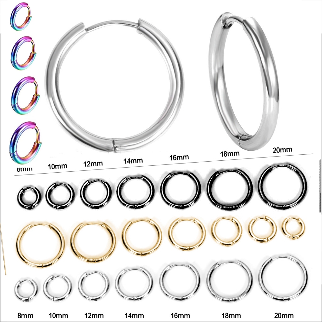 Brinco de argola em aço inox 8mm 10mm 12mm 14mm 16mm 18mm 20mm não escurece dourado preto prata em Oferta na Shopee