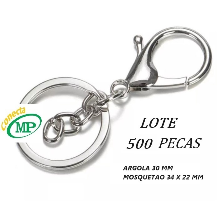 Chaveiro Mosquetao com LOTE 500 PEÇAS   Com Mosquetao grande argola chata 30 mm - Mosquetao 34x22 mm