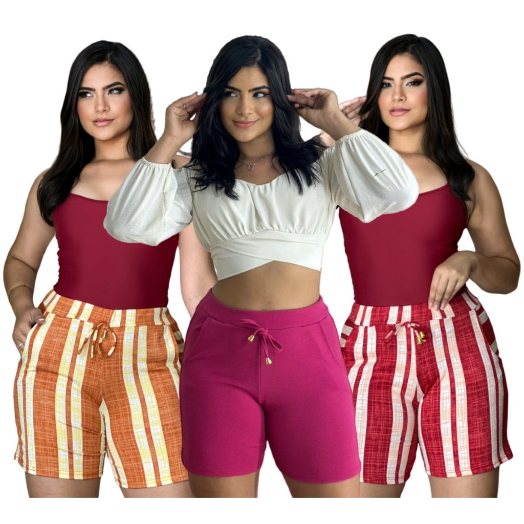 Shorts feminino malha crepe listrados florais com bolso tamanho 36 ao 42 em Oferta na Shopee