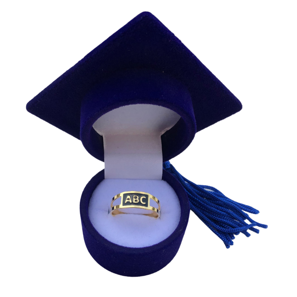 Anel De Formatura ABC Infantil Regulavel Com Caixinha Capelo ou Saquinho Banhado a Ouro