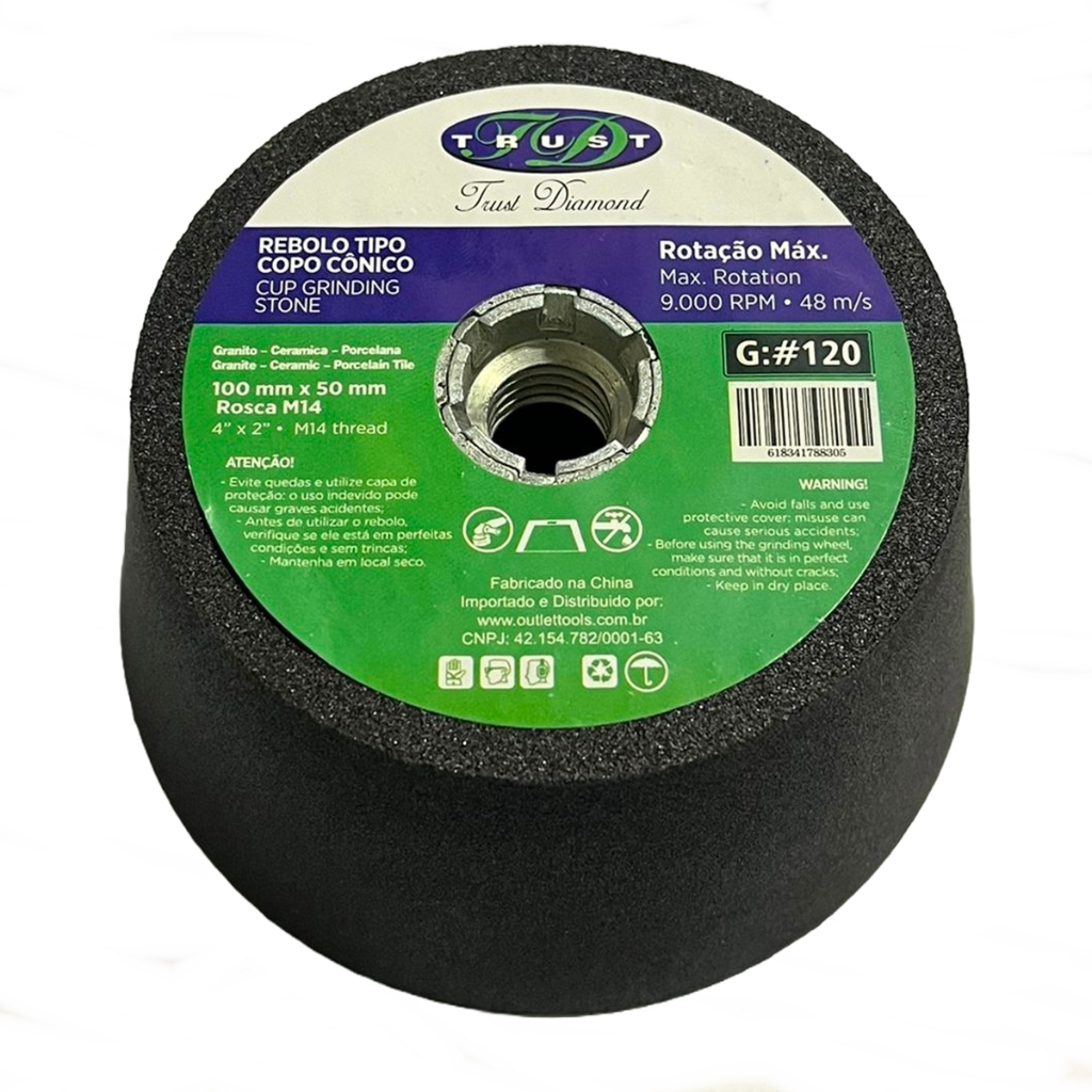 Rebolo Copo Cônico 4 Polegadas grão #120 marmores porcelanatos granitos Premium Dura 2x Mais