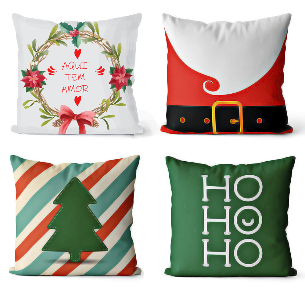 Kit 4 Capa De Almofadas Decorativa Sofá Feliz Natal Ho Ho Ho Capa para Sofá 45x45