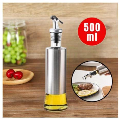 Galheteiro 500ml Porta Azeite e Vinagre de Vidro Premium e Aço Inox com Dosador 500ML