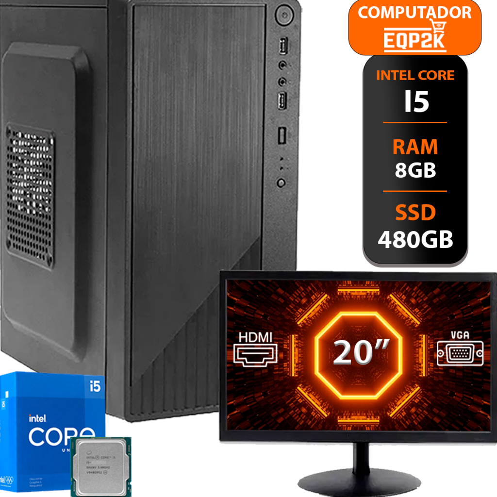 Computador Intel I5 Ssd 480gb 8gb Memória Ram Monitor 20