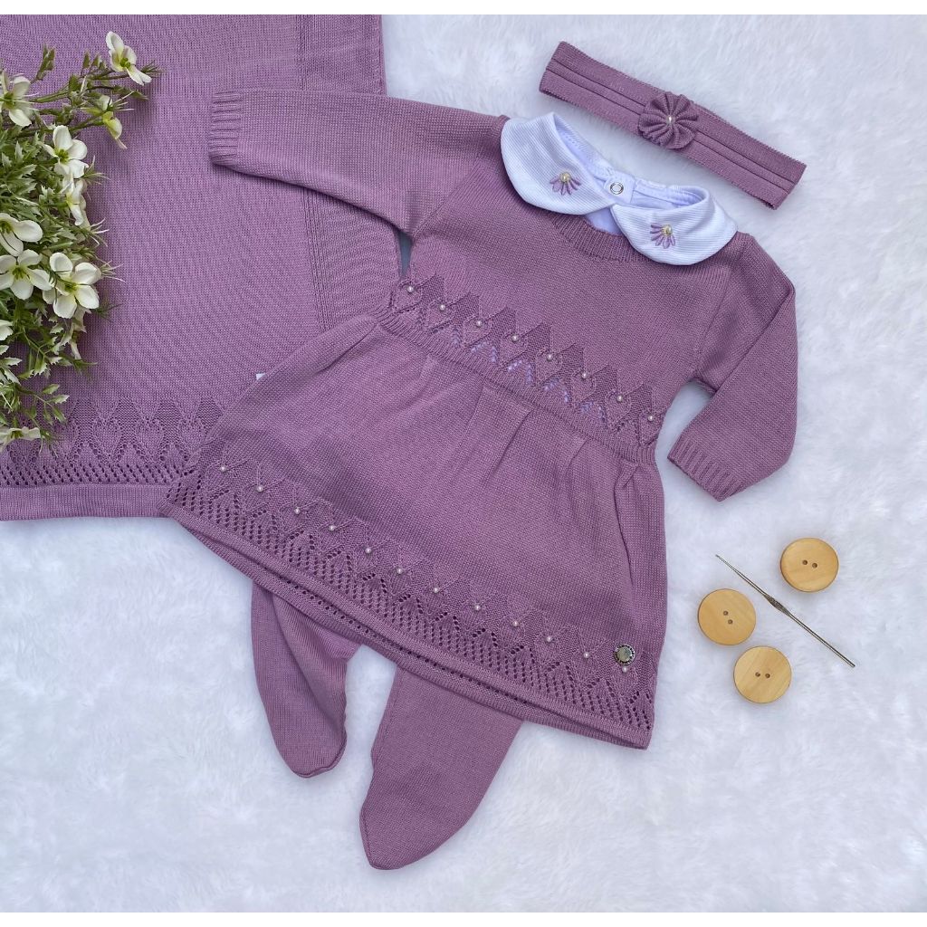 Saída de maternidade menina vestido Gabriela lilás tricot 5 peças