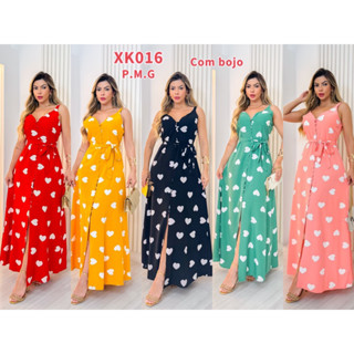vestido de longo estampado coracao com botoes aberto/ Xk016