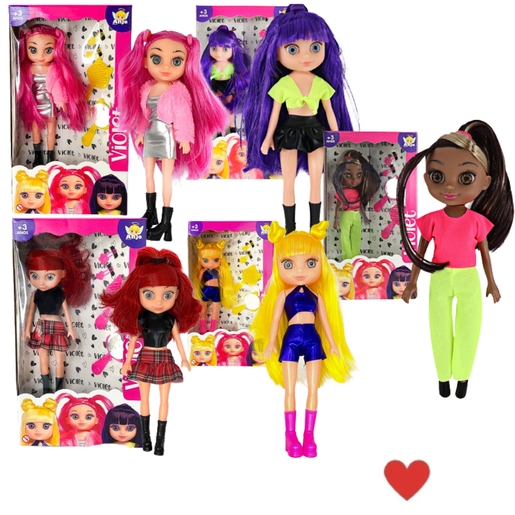 Brinquedo Boneca Violet Infantil Vinil 30cm Cabelo Sintético Acessórios Moda Beleza Pente Espelho Prendedores Presilha