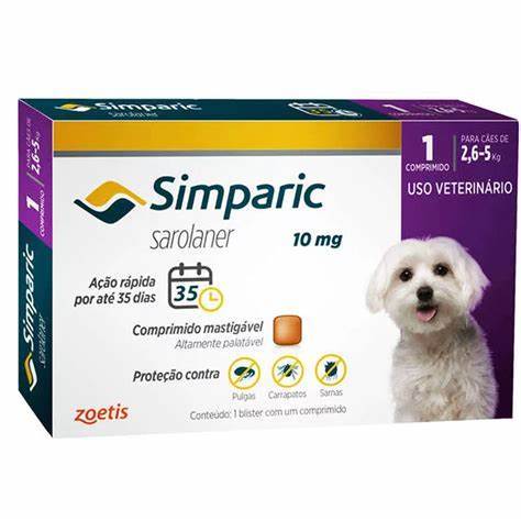 1 Remedio Antipulgas Carrapatos e Sarnas Simparic 10 mg para cães 2,6 a 5 kg - Zoetis 1 Comprimido - Envio Imediato