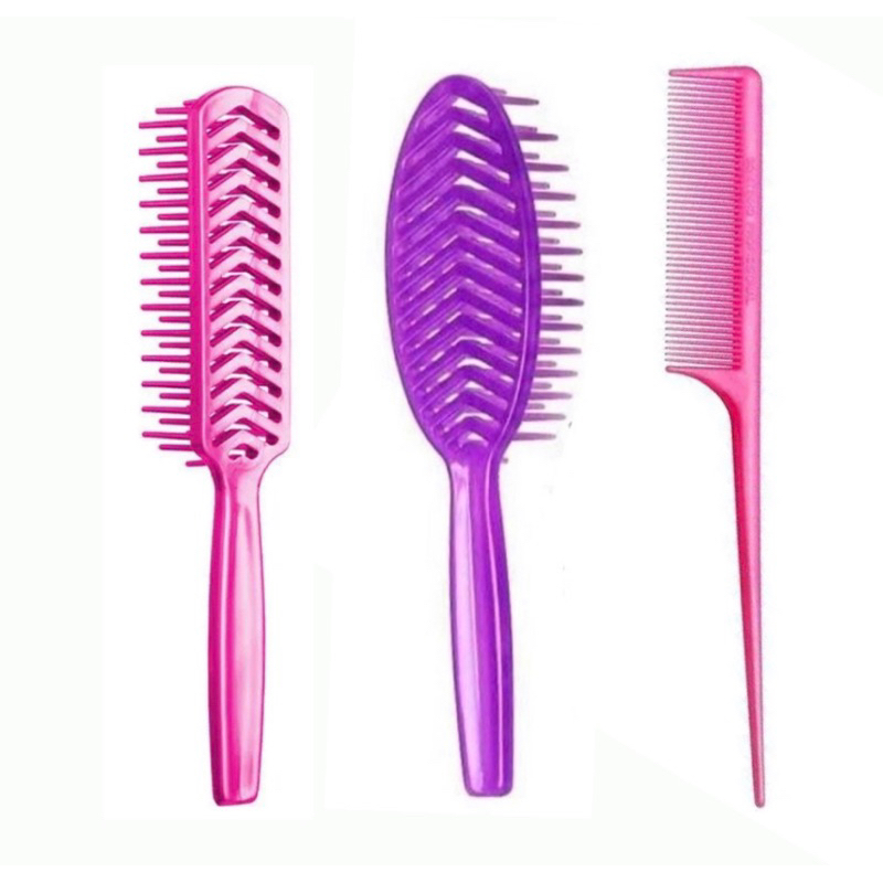 Kit com 3 Escovas Oval, Reta e Pente Cabo Fino Sortidas Plástico para Cabelo em Oferta na Shopee