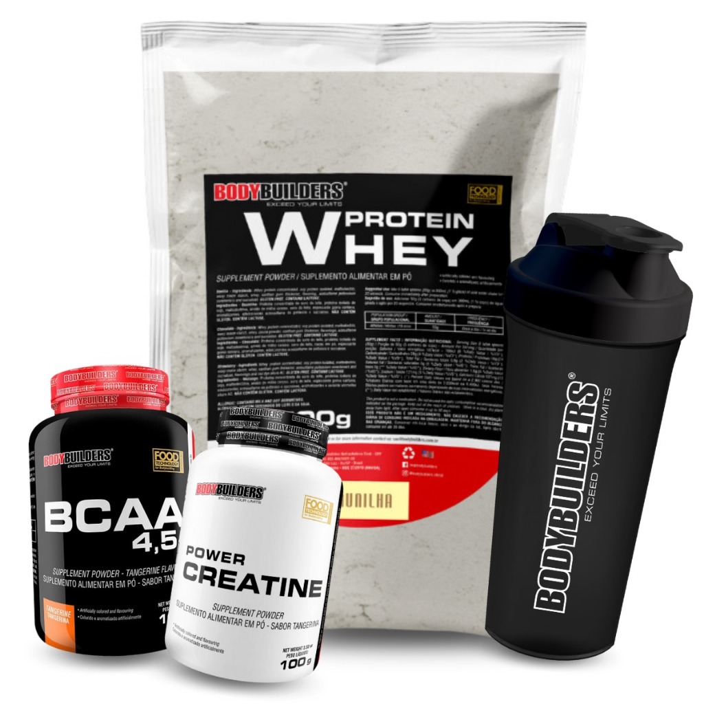 Kit Whey Protein Concentrado 500g + BCAA 100g + Creatina 100g + Coqueteleira - Ganho de Massa Muscular Bodybuilders