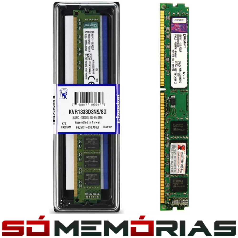 Memória RAM para PC DDR3 8GB 1333MHz Kingston - KVR1333D3N9/8G
