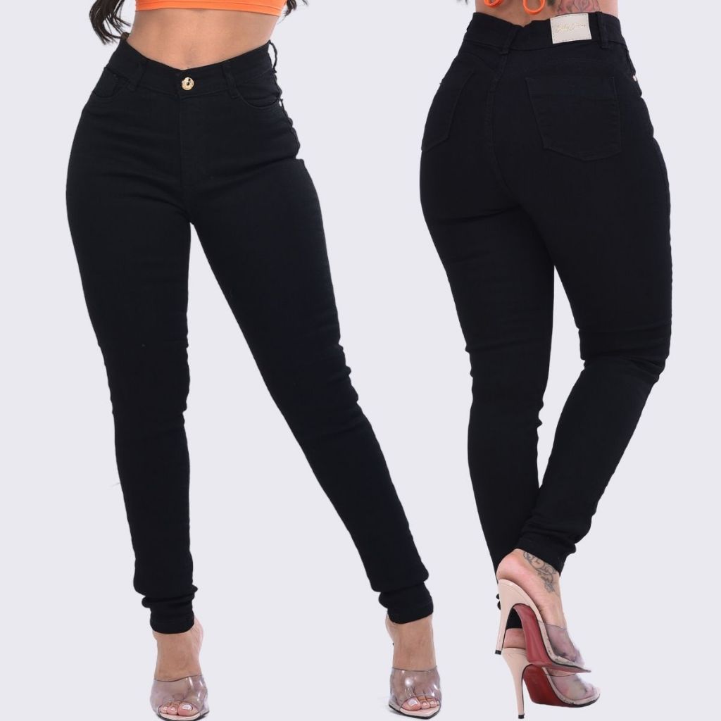 Calça Jeans Preta Feminina, com Lycra Elastano, Tecido Premium Não Desbota, Cintura Alta